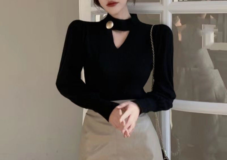 Damen Modischer Pullover mit V-Ausschnitt und dekorativer Knopfleiste Drune