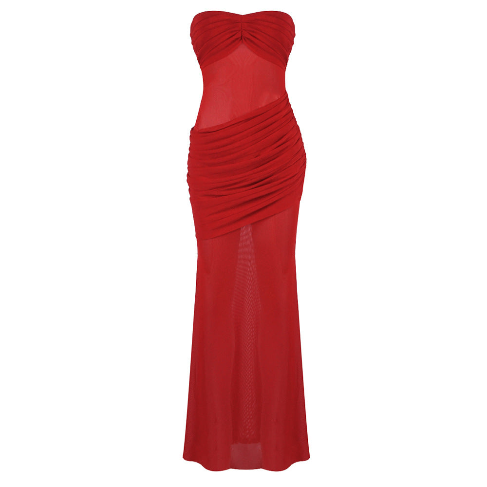 Damen Elegantes trägerloses Maxikleid mit raffiniertem Drapé und transparenten Einsätzen Drune