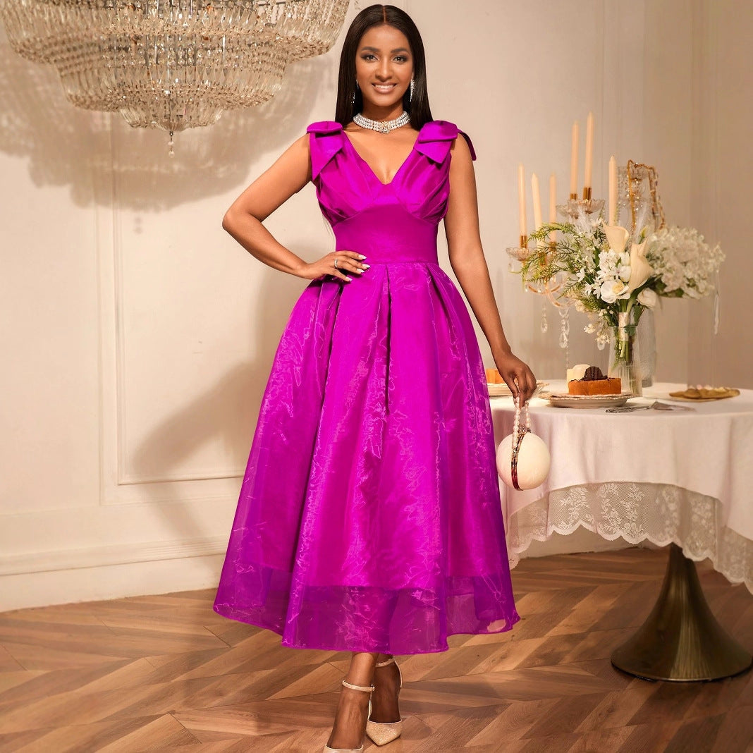 Damen A-Linien Cocktailkleid mit voluminösen Schleifenärmel Drune