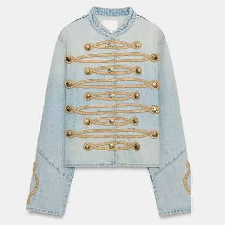 Damen Cropped-Jeansjacke im Military‑Stil mit dekorativer Kordelapplikation Drune