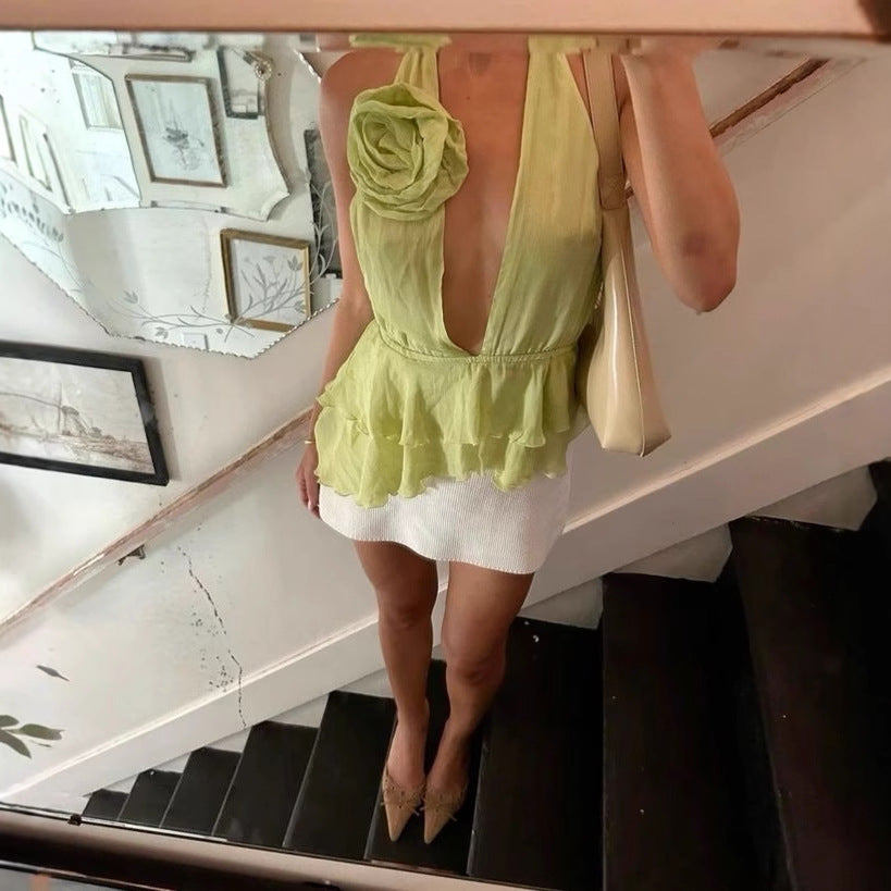 Damen Elegantes Oberteil mit Blumenapplikation und tiefem V-Ausschnitt Drune