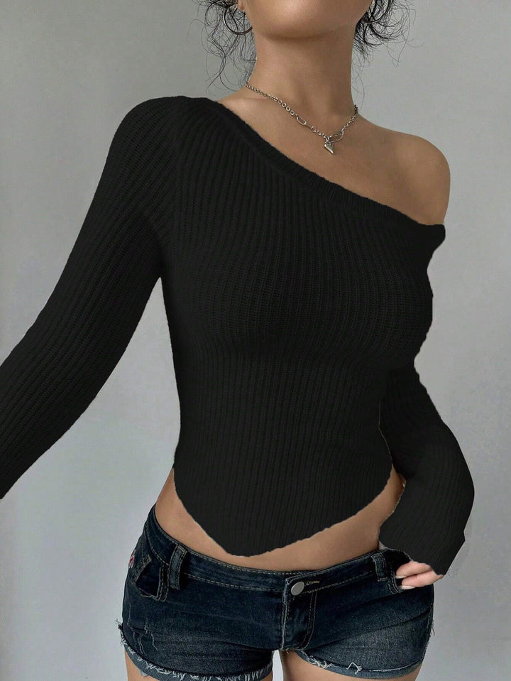 Damen figurbetonter Off-Shoulder Pullover Drune
