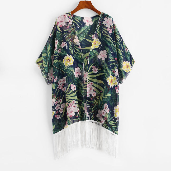 Damen Kimono mit floralem Design und Fransen Drune