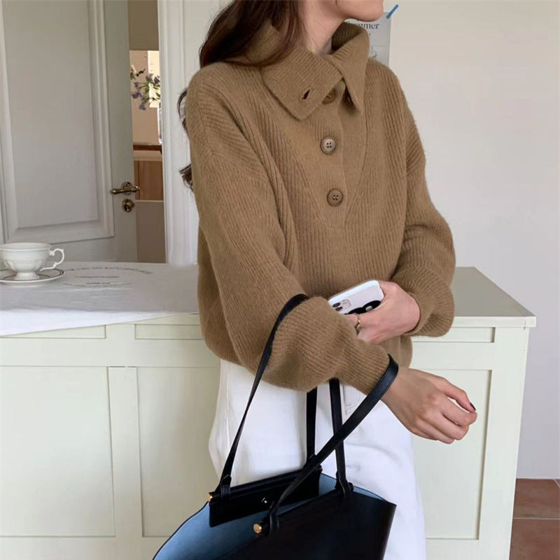 Damen Strickpullover mit knopfverziertem Kragen und feiner Rippstruktur Drune
