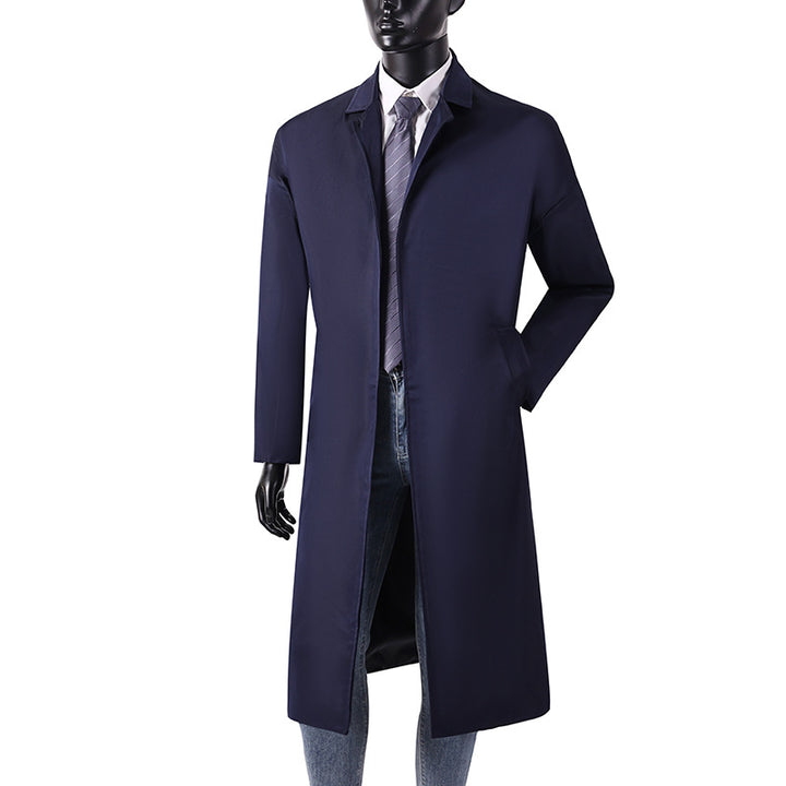 Herren Langer Minimalistischer Trenchcoat mit verdeckter Knopfleiste und Seitentaschen Drune