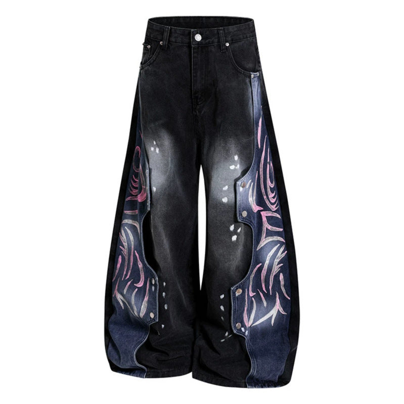 Damen High‑Waist weite Balloon‑Denim‑Culotte mit kontrastseitigen Artwork‑Paneelen Drune