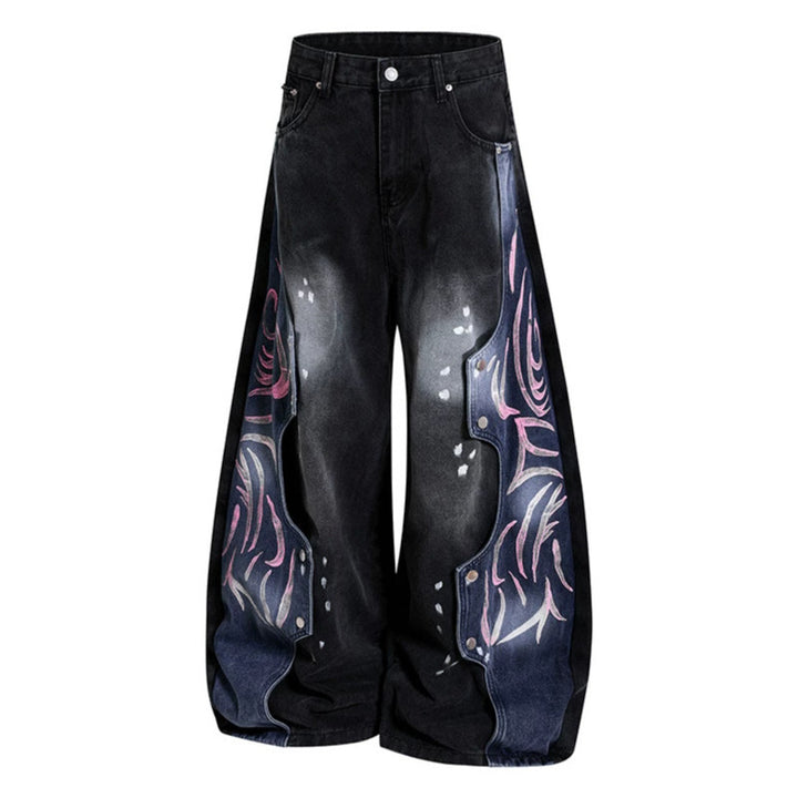 Damen High‑Waist weite Balloon‑Denim‑Culotte mit kontrastseitigen Artwork‑Paneelen Drune