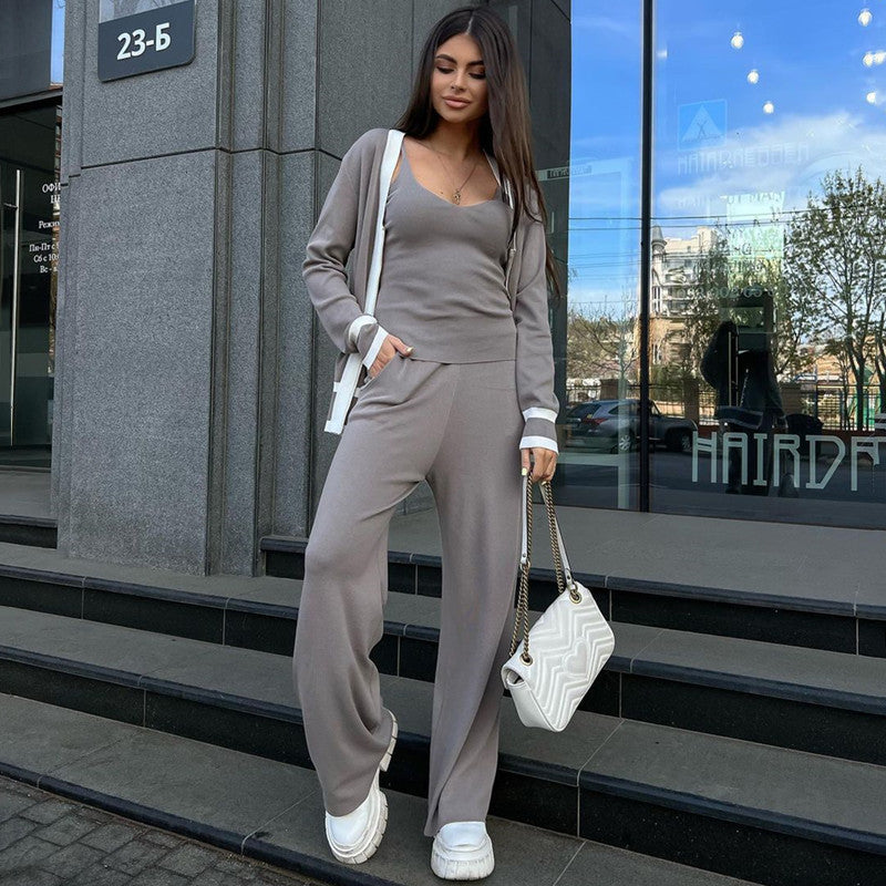Damen lässiges Strick-Loungewear-Set mit hochwertigem Zip-Cardigan und Weitbein-Hosen Drune
