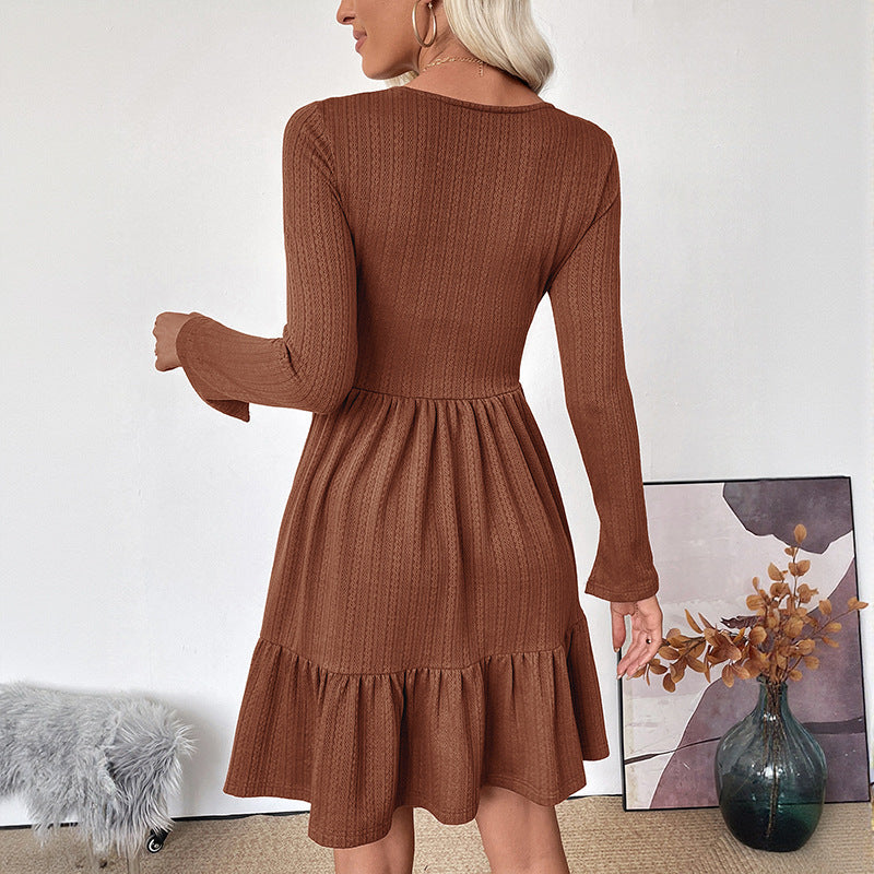 Damen Rippstrick-Midikleid mit Korsagen-Nähten, quadratischem Ausschnitt und Stufenrock Drune