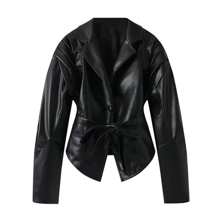 Damen Taillierte Wickeljacke aus Wildlederoptik mit Schulterplissee und Bindegürtel Drune