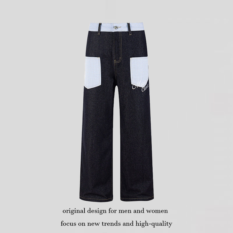 Damen Weite Denim-Hose im Culotte-Stil mit Karomuster-Taschen und hoher Taille Drune