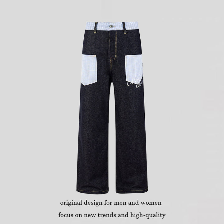 Damen Weite Denim-Hose im Culotte-Stil mit Karomuster-Taschen und hoher Taille Drune
