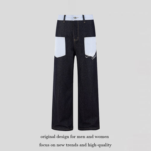 Damen Weite Denim-Hose im Culotte-Stil mit Karomuster-Taschen und hoher Taille Drune