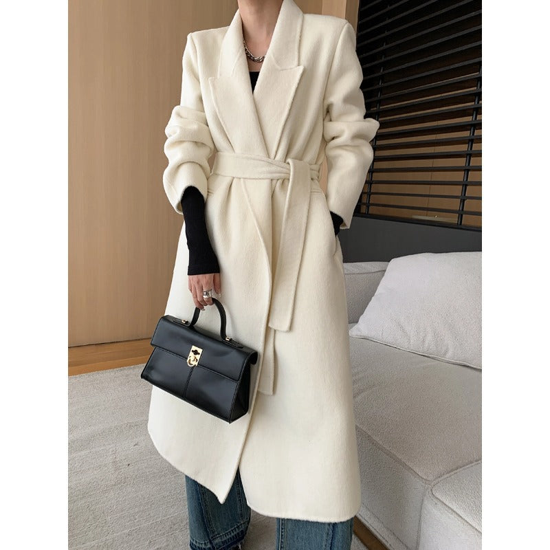 Damen eleganter Wickelmantel aus hochwertigem Wollmix mit Taillengürtel Drune