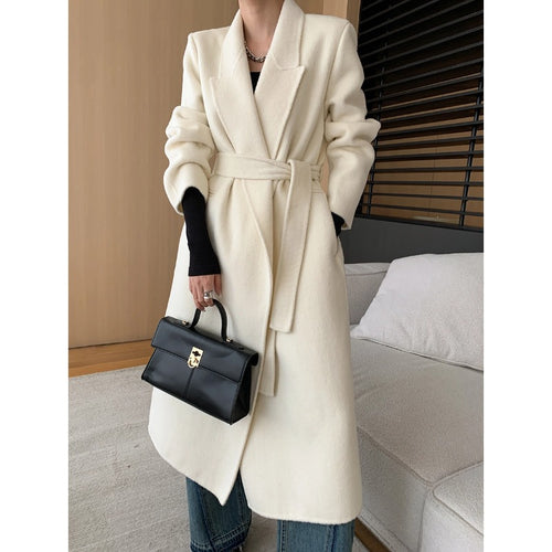 Damen eleganter Wickelmantel aus hochwertigem Wollmix mit Taillengürtel Drune