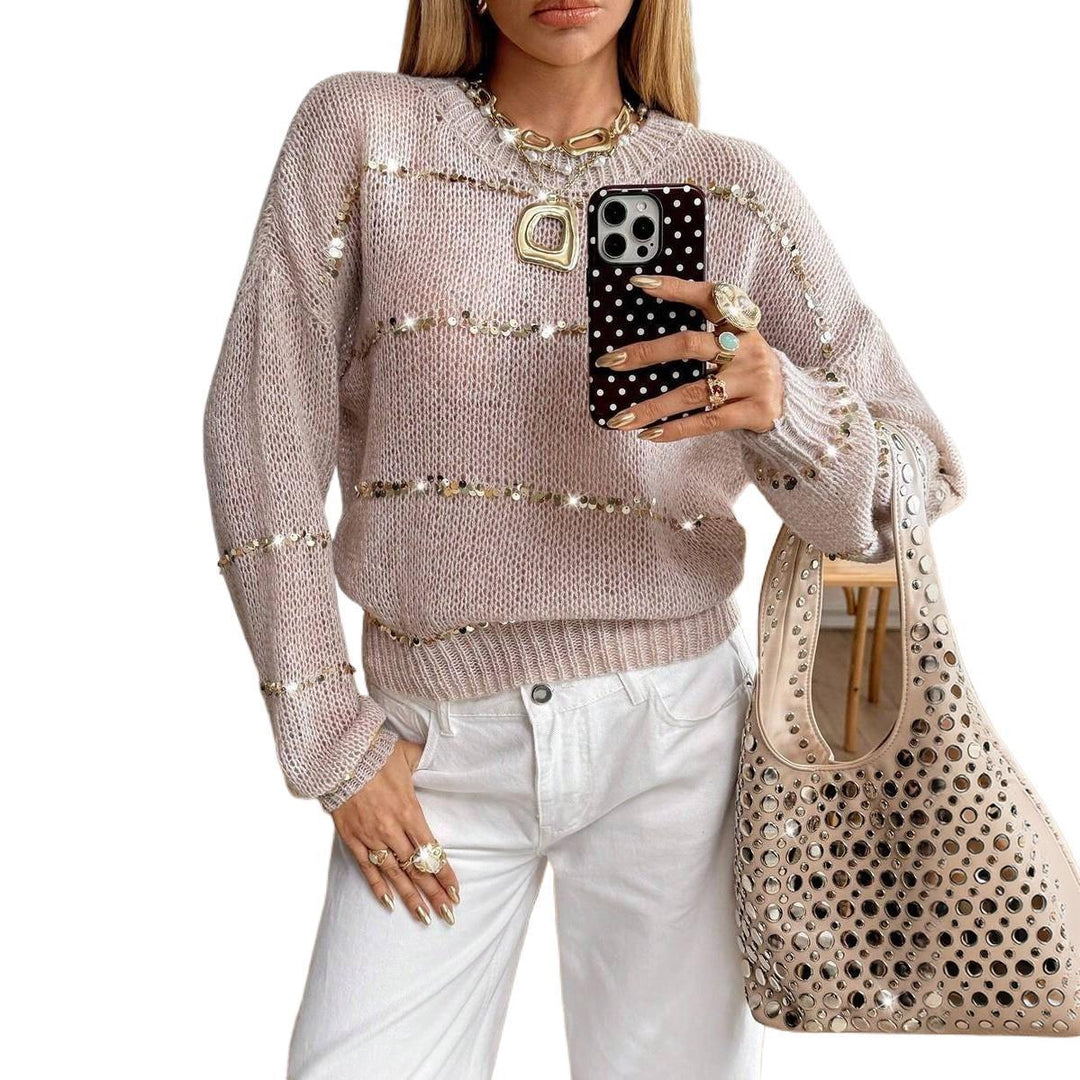 Damen Grobstrick-Pullover mit Paillettenstreifen, Oversize-Schnitt & Rundhalsausschnitt Drune