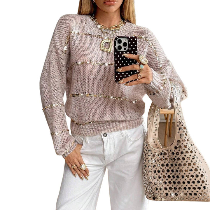 Damen Grobstrick-Pullover mit Paillettenstreifen, Oversize-Schnitt & Rundhalsausschnitt Drune