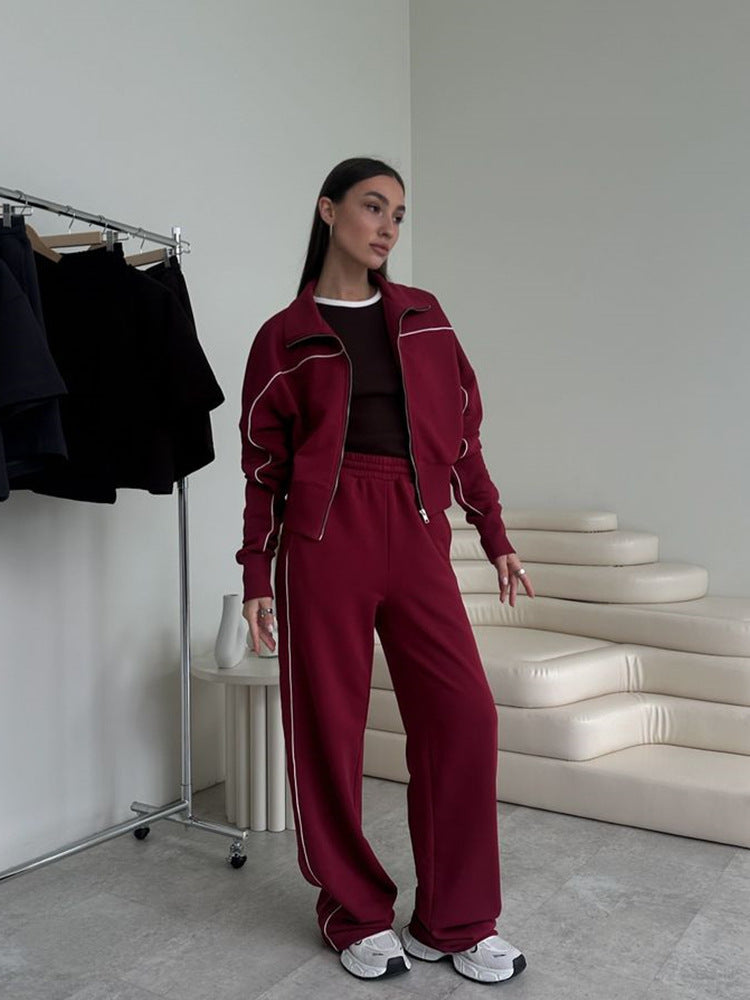 Damen nan zweiteiliges Sport-Loungewear-Set mit Stehkragen und Kontrastpaspel Drune