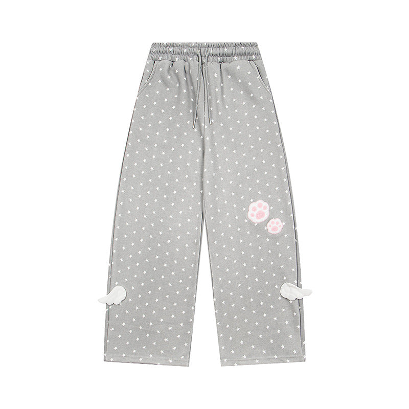Damen Weite Lounge-Hose mit elastischem Bund, Sternenallover und Pfoten-Applikation Drune