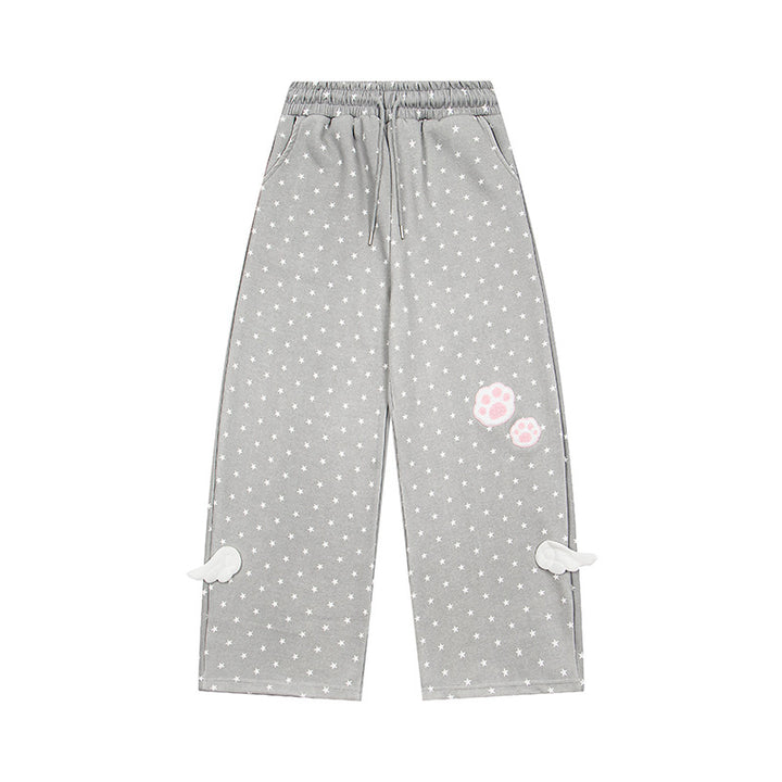 Damen Weite Lounge-Hose mit elastischem Bund, Sternenallover und Pfoten-Applikation Drune
