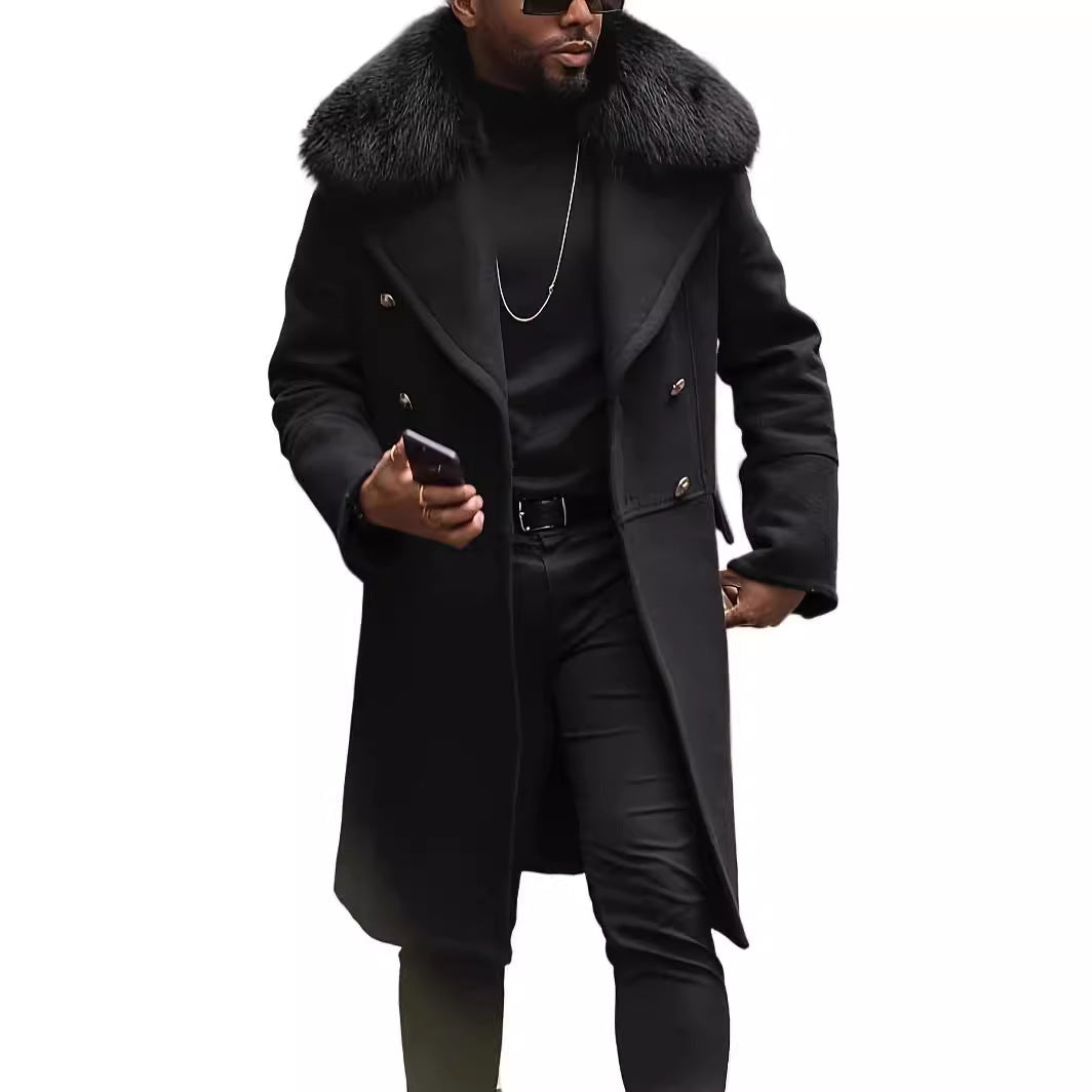 Herren Langer Doppelreihiger Mantel mit voluminösem Teddykragen und eleganten Metallknöpfen Drune