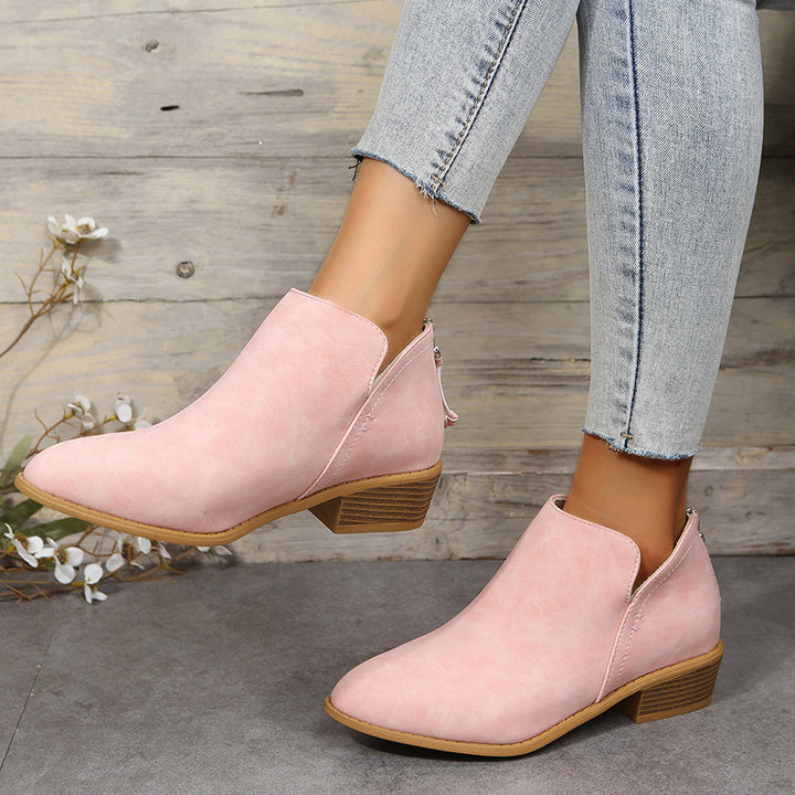 Damen Metallic-Ankleboots mit spitzer Kappe, Rückreißverschluss und niedrigem Blockabsatz Drune