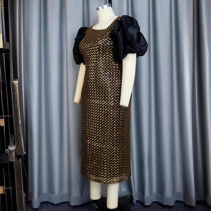 Damen Elegantes Cocktailkleid mit voluminösen Puffärmeln und schimmerndem Netzdesign Drune