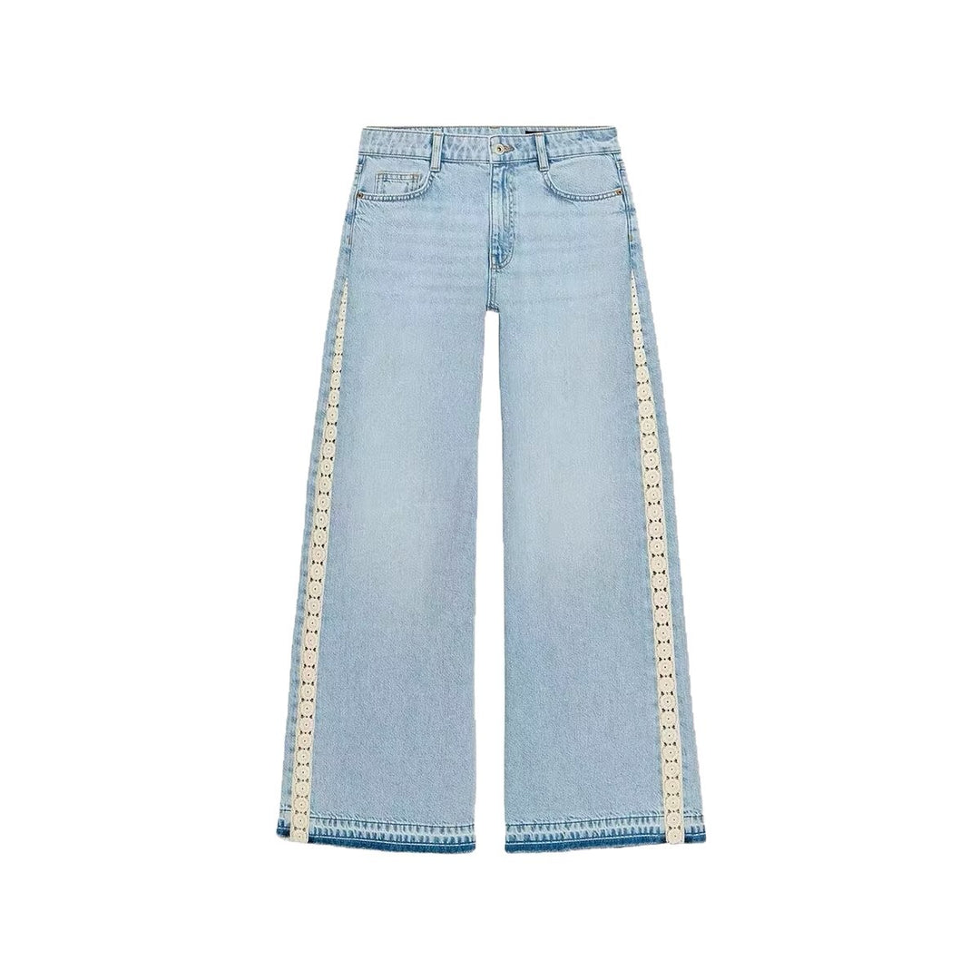 Damen Highwaist Cropped Wide‑Leg Jeans mit Häkelspitzen-Seitenstreifen Drune