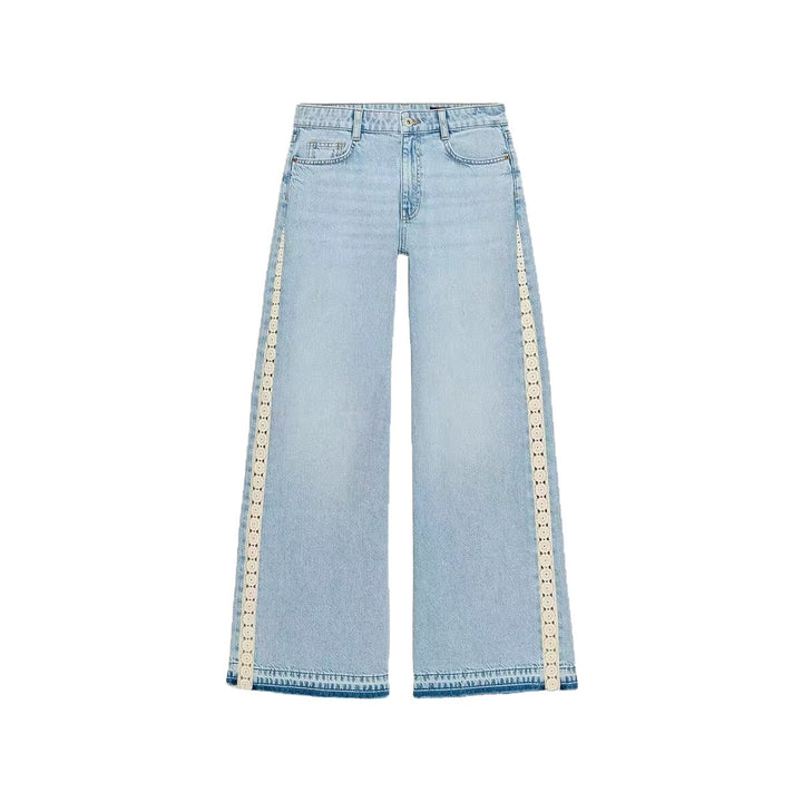 Damen Highwaist Cropped Wide‑Leg Jeans mit Häkelspitzen-Seitenstreifen Drune