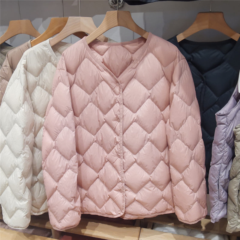 Damen Gesteppte Kurzjacke mit Diamantsteppung, Rundhalsausschnitt und Druckknöpfen Drune