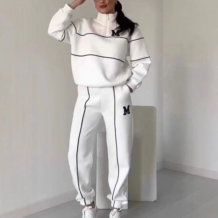 Damen sportliches Loungewear-Set mit Halbreissverschluss und elastischem Bund Drune
