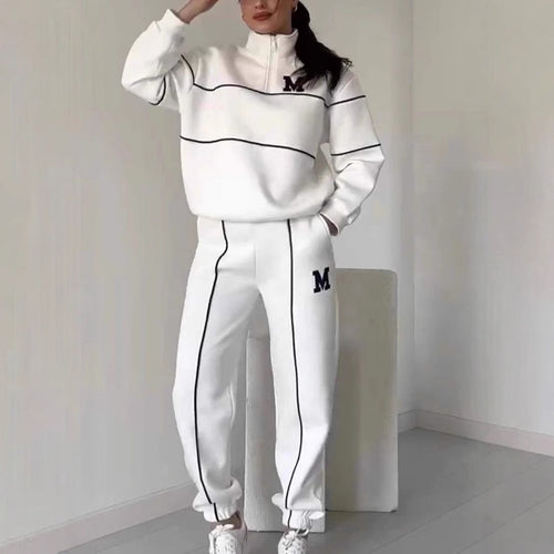 Damen sportliches Loungewear-Set mit Halbreissverschluss und elastischem Bund Drune