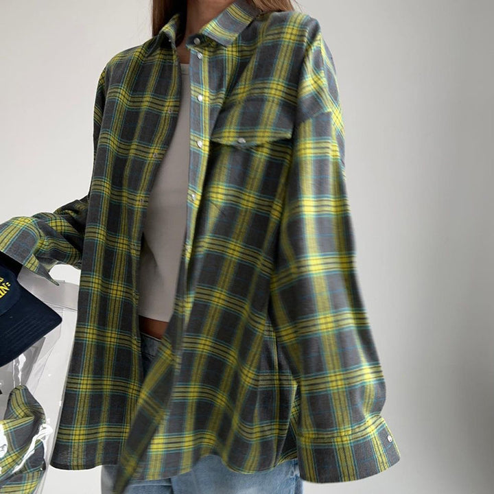 Damen Karo Oversize Flanellhemd Bluse mit Druckknopfblende und Hemdkragen Drune