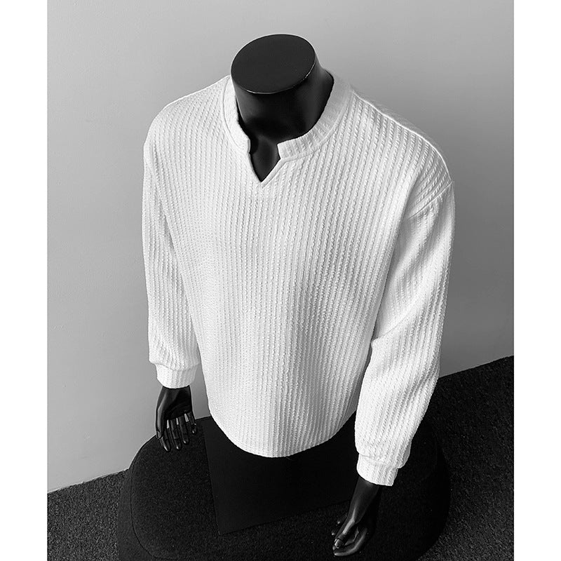 Herren nan grobstrukturierter Strickpullover mit V-förmigem Schlitzkragen und gerundetem Saum Drune