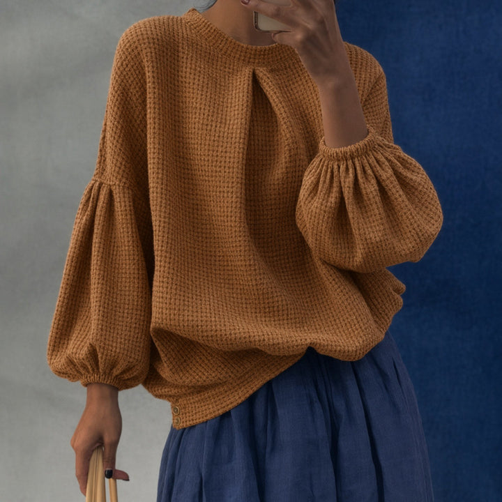 Damen Oversize Waffelstrickpullover mit Ballonärmeln und Kellerfalte Drune