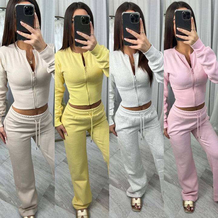 Damen nan kurzes Zip-Cropped-Shirt mit formendem Bund und breite Relax-Sweatpants mit Tunnelzug Drune