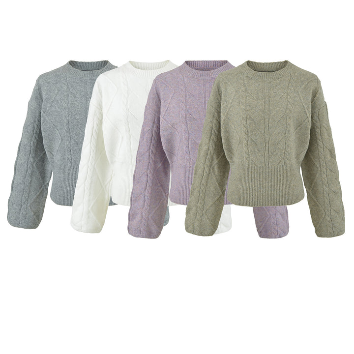 Damen Kurzer Zopfmuster-Strickpullover mit tailliertem Rippbündchen Drune