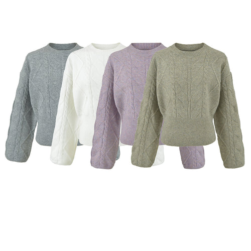 Damen Kurzer Zopfmuster-Strickpullover mit tailliertem Rippbündchen Drune