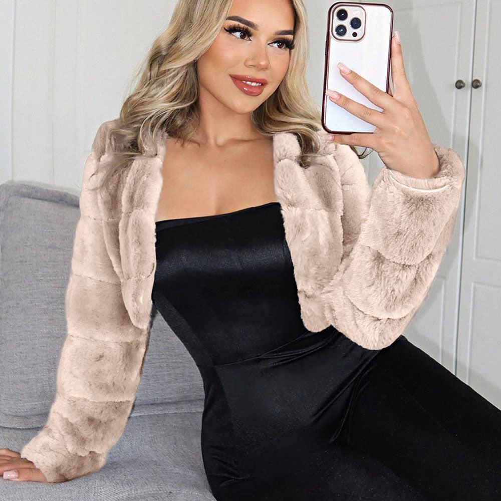 Damen Kurze Kunstpelzjacke mit breiten Ärmeln Drune