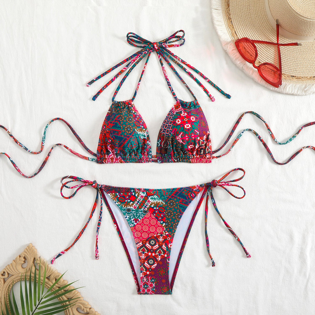 Damen Bikini-Set mit verspieltem Bindeband und buntem Muster Drune