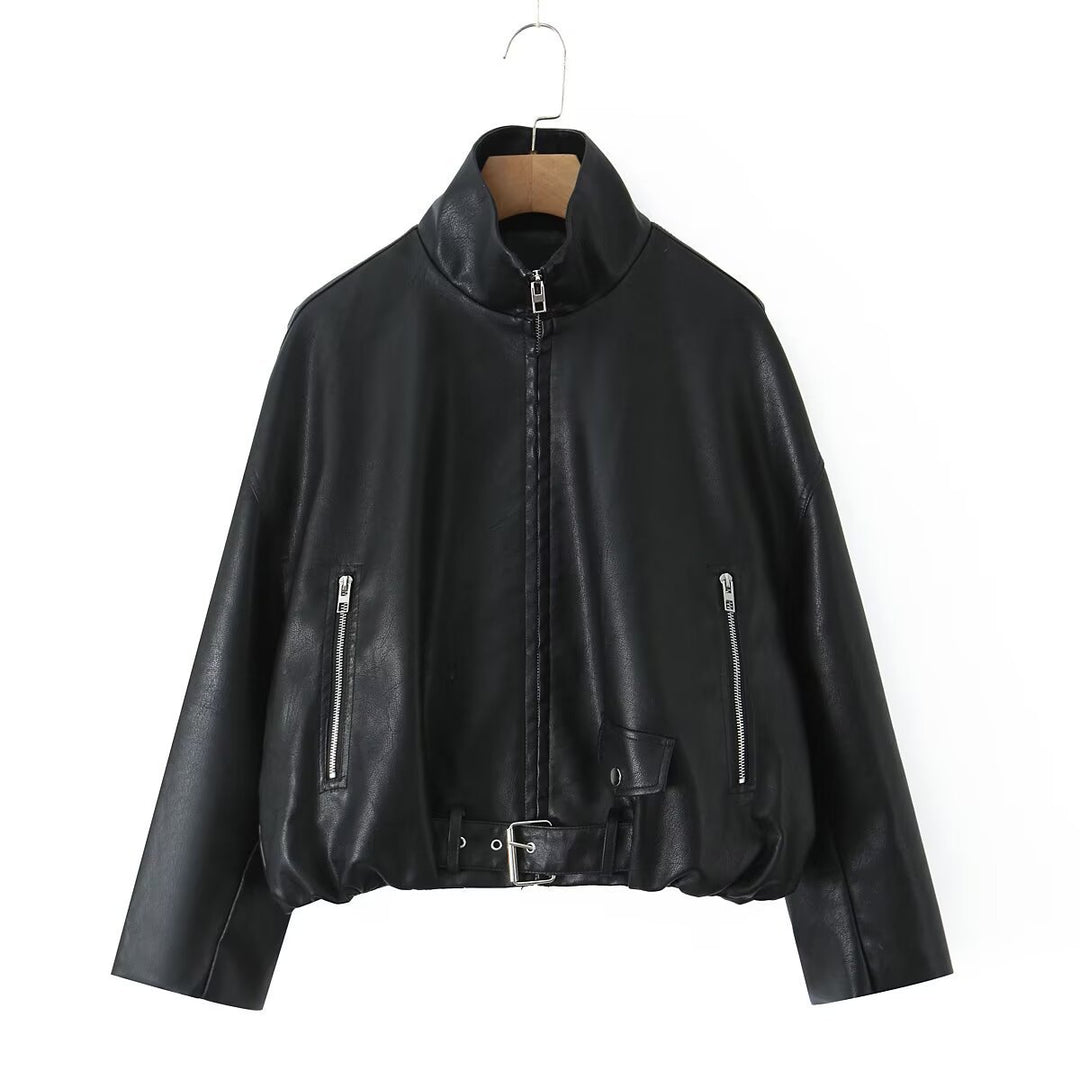 Damen Kunstlederjacke mit hohem Kragen und einzigartigem Design Drune