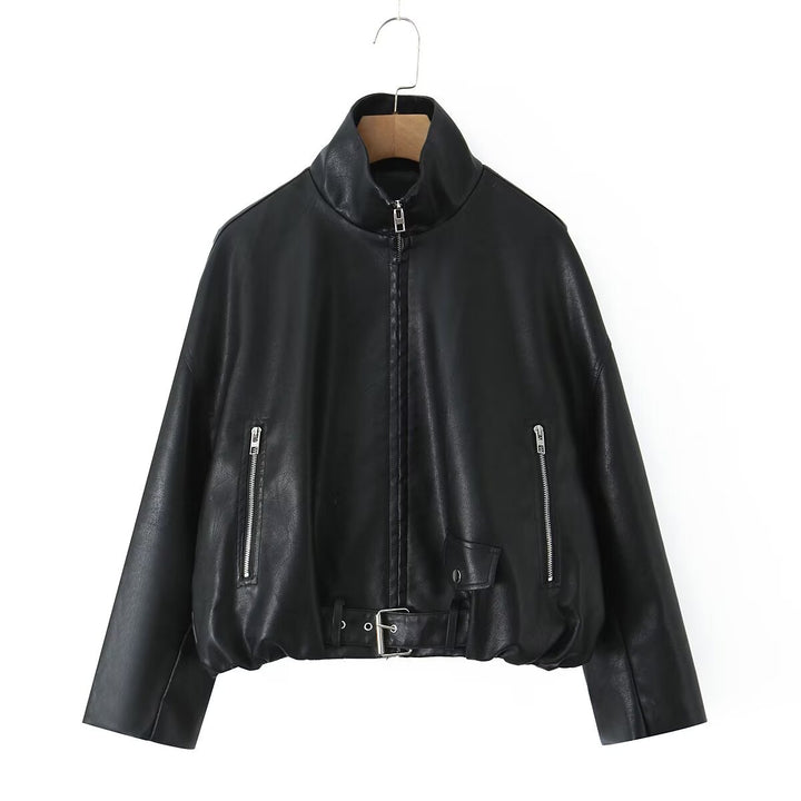 Damen Kunstlederjacke mit hohem Kragen und einzigartigem Design Drune