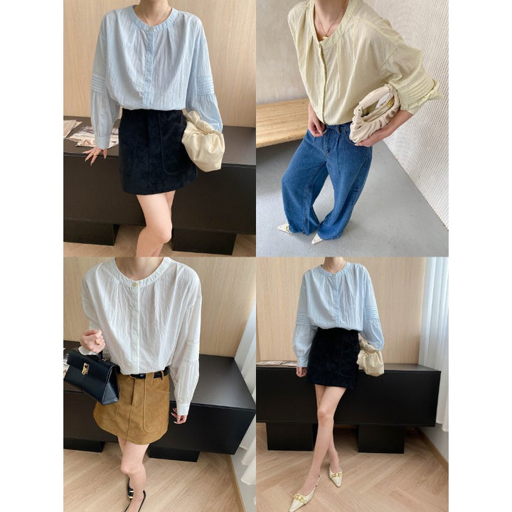Damen lässige Bluse mit eleganten Puffärmeln und Knopfdetail Drune