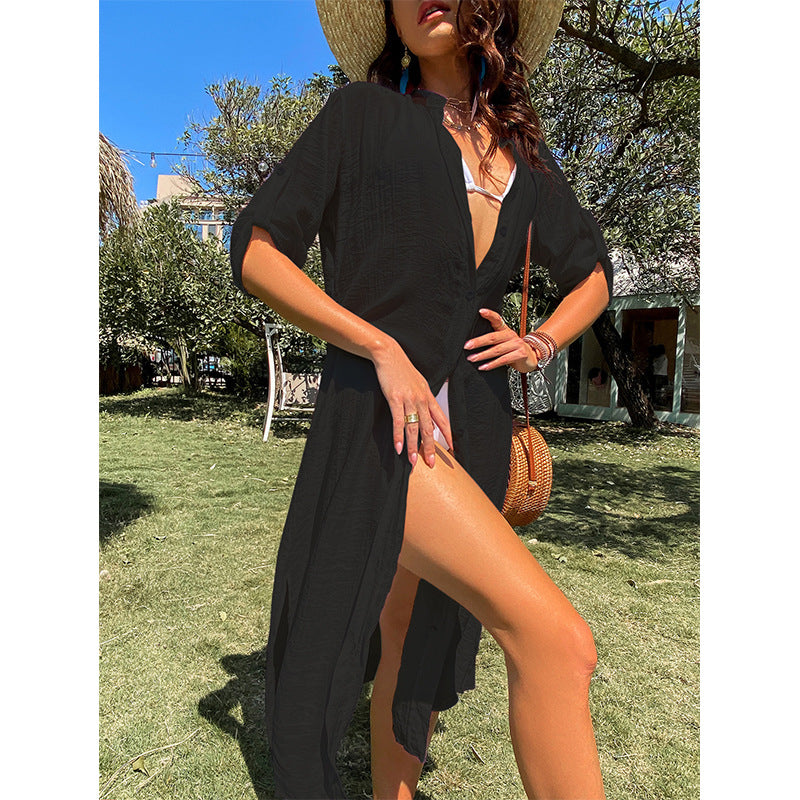 Damen lässiges Sommerkleid mit durchgehender Knopfleiste und seitlichen Taschen Drune