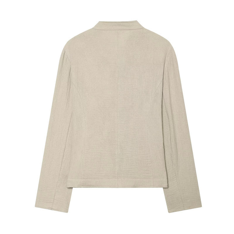 Damen Boxy-Leinenblazer mit Stehkragen, dekorativer Knopfleiste und Pattentaschen Drune