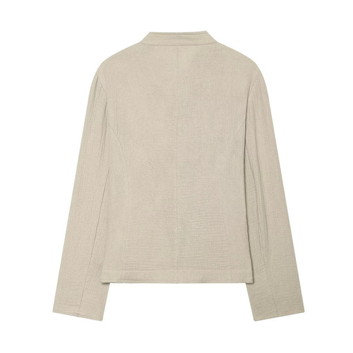 Damen Boxy-Leinenblazer mit Stehkragen, dekorativer Knopfleiste und Pattentaschen Drune