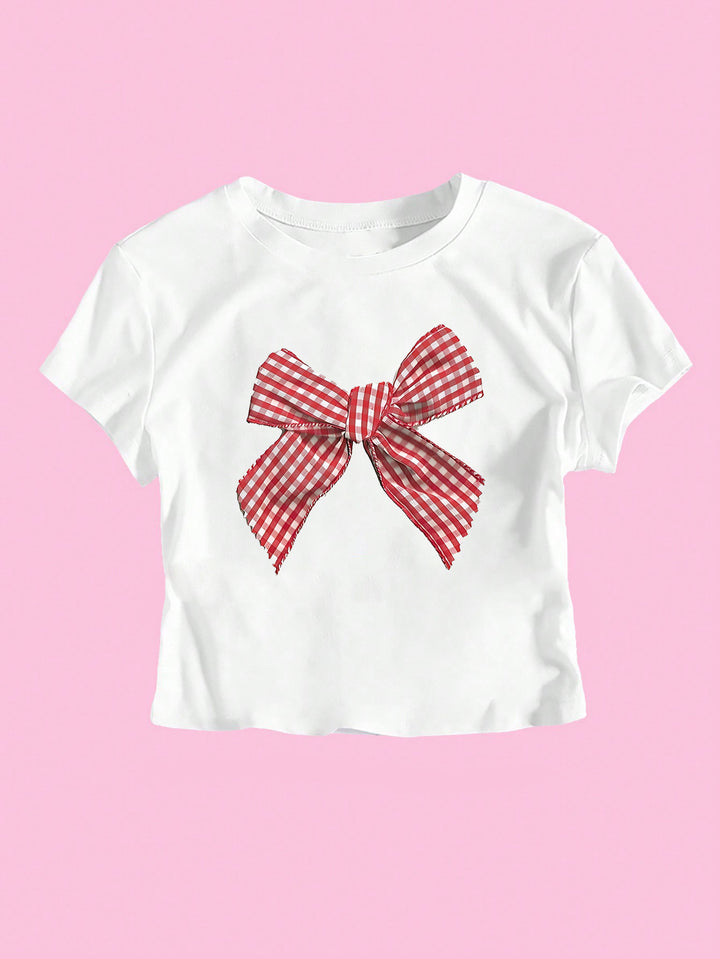 Damen Crop-T-Shirt mit verspieltem Karoband-Motiv und lässigem Schnitt Drune