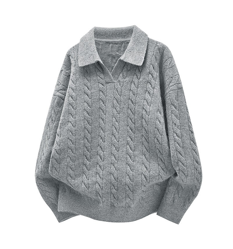 Damen Oversize Kabelstrick-Polo-Pullover mit V‑Ausschnitt und geripptem Saum Drune