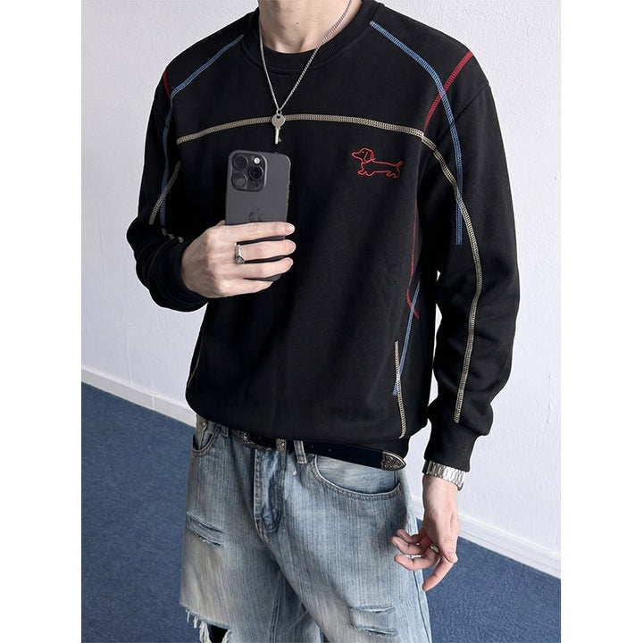 Herren Sweatshirt mit farbiger Ziernaht, gesticktem Hundemotiv und Rundhalsausschnitt Drune