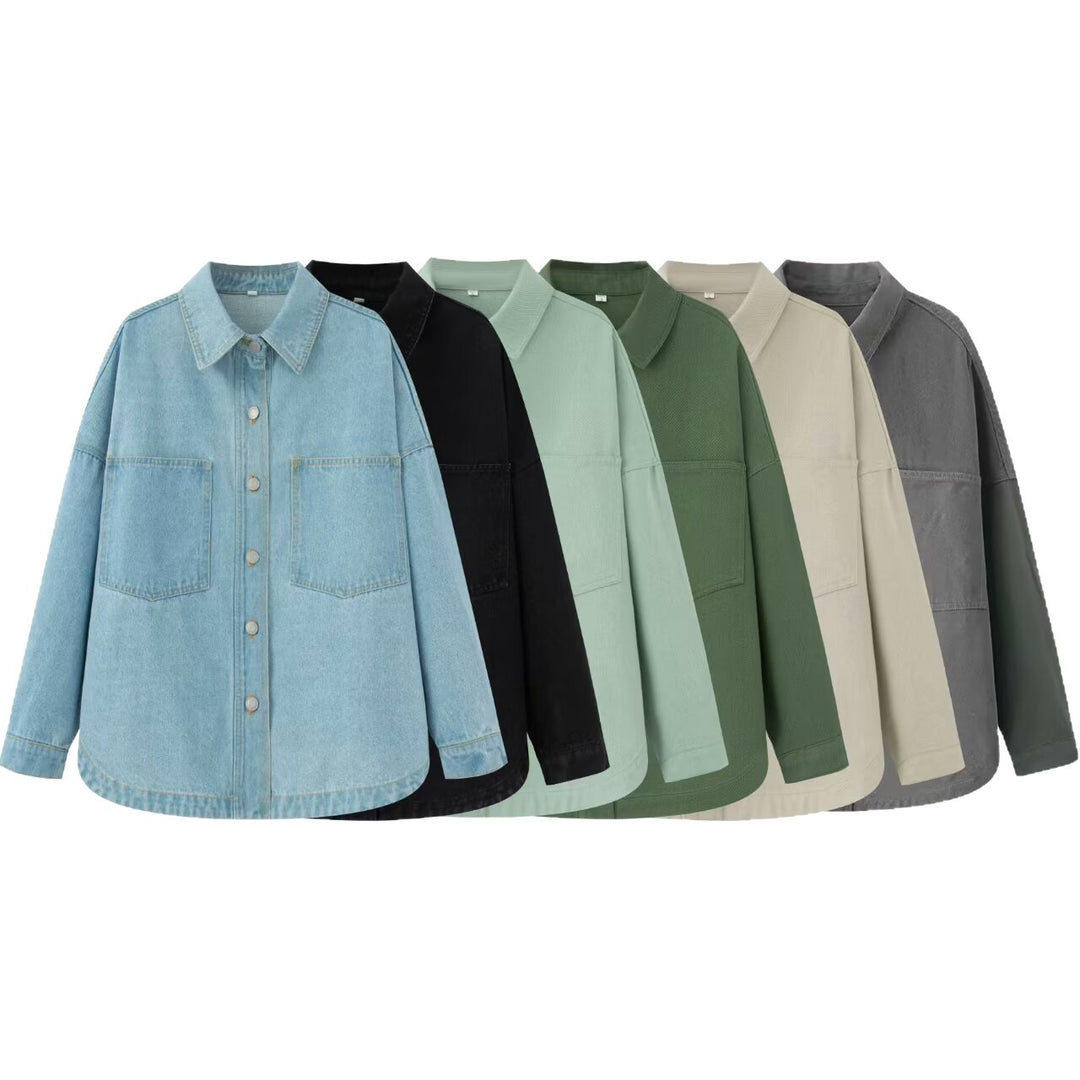 Damen Oversize Jeans-Hemdjacke im Boxy-Schnitt mit aufgesetzten Brusttaschen und Rundsaum Drune